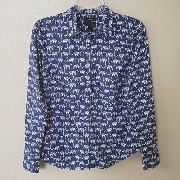 J. Crew Womens Perfect Slim Blue Elephant Print Button Front Shirt - Size 8 - Picture 1 of 7